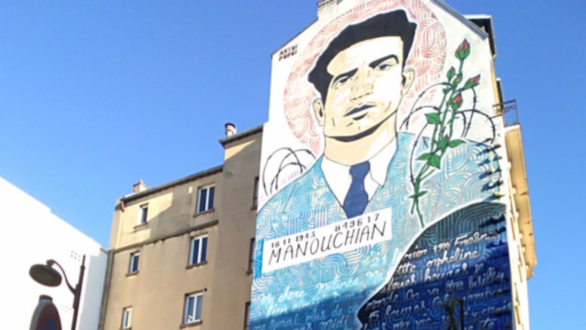 Fresque en hommage à Missak Manouchian de l'artiste Artof Popof dans la rue du Surmelin (20e arr.)